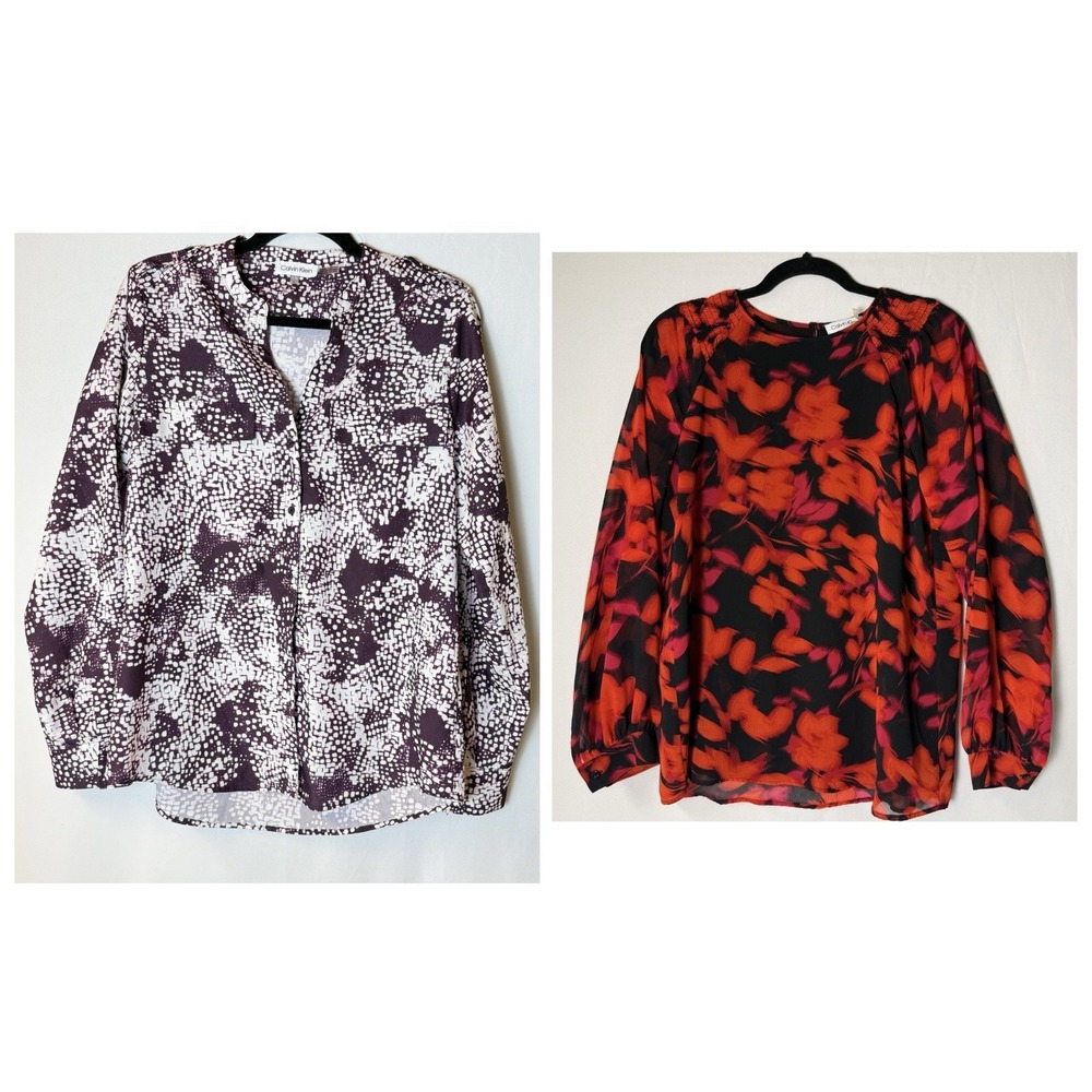 Calvin Klein Women Floral Blouse Red Black Purple Small Relax Fit Holiday Festiv